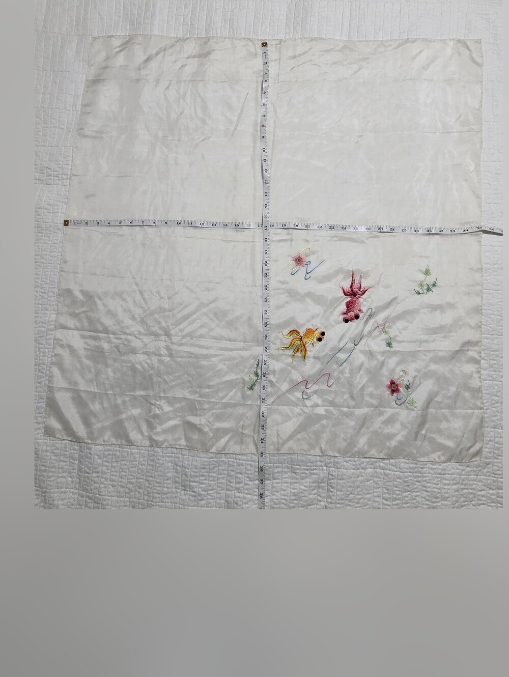 Ivory Silk Scarf with Embroidered Koi Accents - Picture 7 of 7